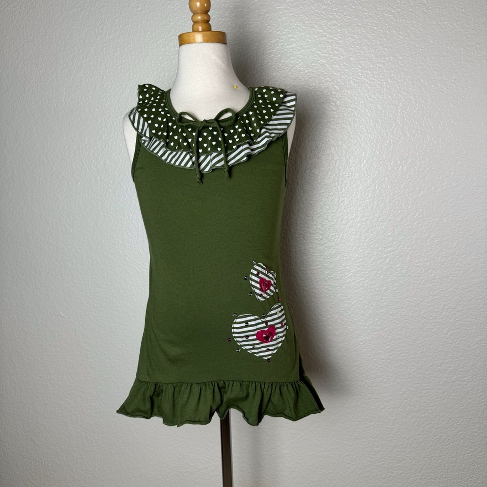 GIRLS SZ 12 Olive green Cotton blend shirt ruffle collar heart details
